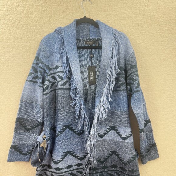 Badgley mischka Blue black Jacquard knit Shawl Belted Fringe long cardigan L NWT - Picture 4 of 12